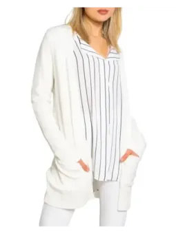 Gestreifter weißer Damen-Cardigan aus Poly