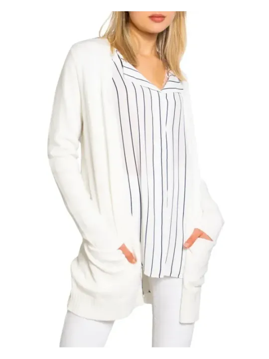 Gestreifter weißer Damen-Cardigan aus Poly