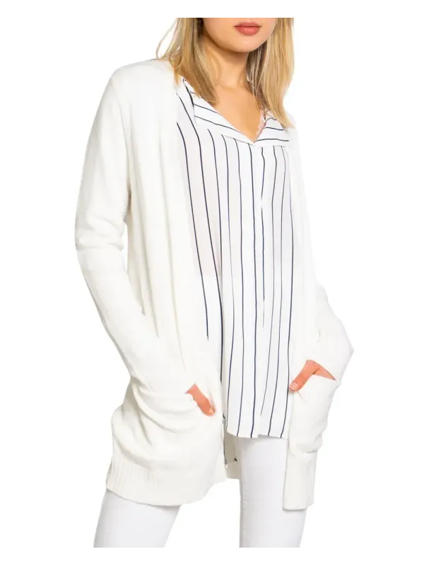Gestreifter weißer Damen-Cardigan aus Poly