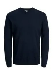 Dunkelblauer Strickpullover mit weißem Label