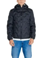 Schwarze gesteppte blaue Herrenjacke mit Kapuze