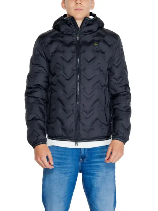 Schwarze gesteppte blaue Herrenjacke mit Kapuze
