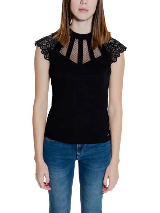 Schwarzes Spitzen-T-Shirt mit Ausschnitt