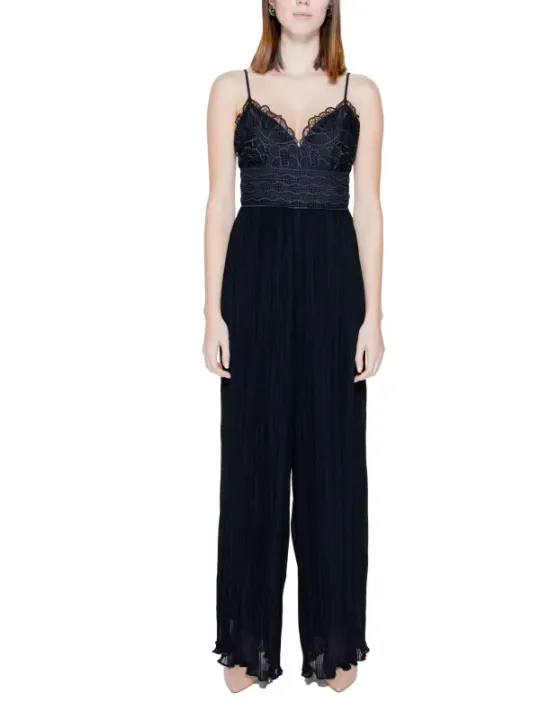 Schwarzer Spitzen- und Chiffon-Jumpsuit