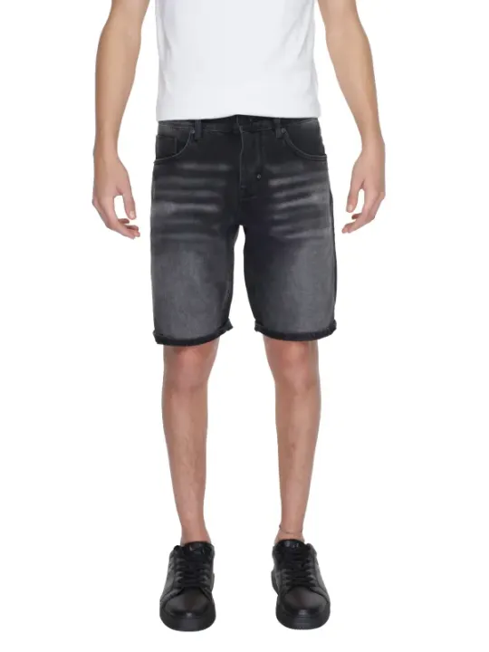 Dunkle Denim-Bermuda mit Fransen