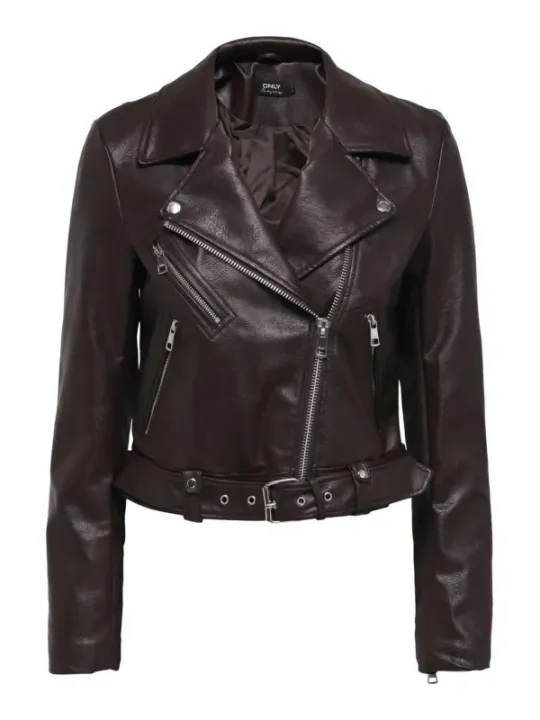 Schwarze Lederjacke im cropped Bikerstil ONLY