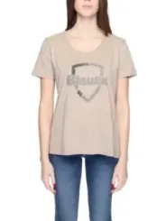 Tanfarbenes blaues T-Shirt mit Logo