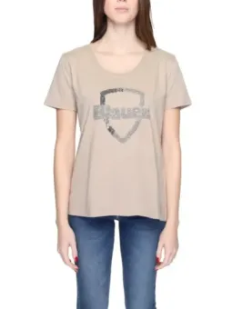 Tanfarbenes blaues T-Shirt mit Logo