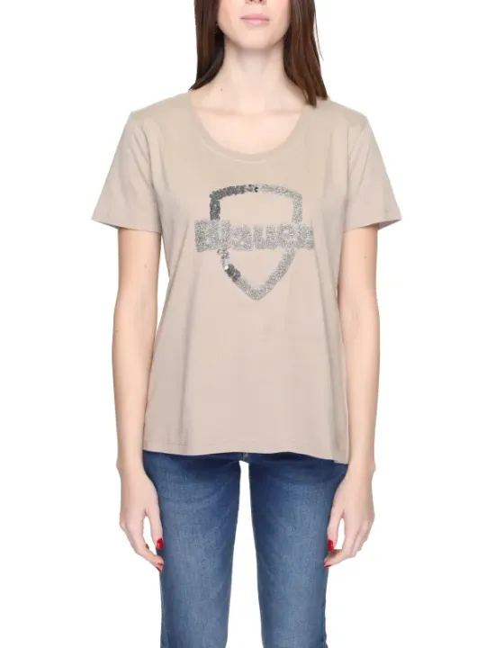 Tanfarbenes blaues T-Shirt mit Logo