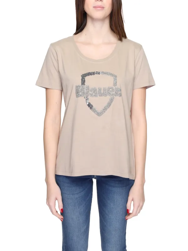 Tanfarbenes blaues T-Shirt mit Logo