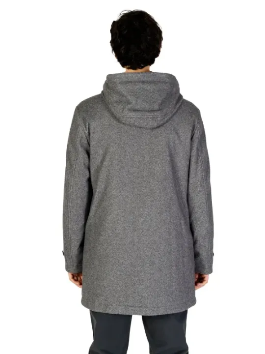 Grauer Wollmantel mit Kapuze