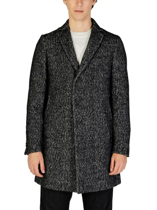 Dunkelgrauer Wollmantel mit Fischgrätmuster