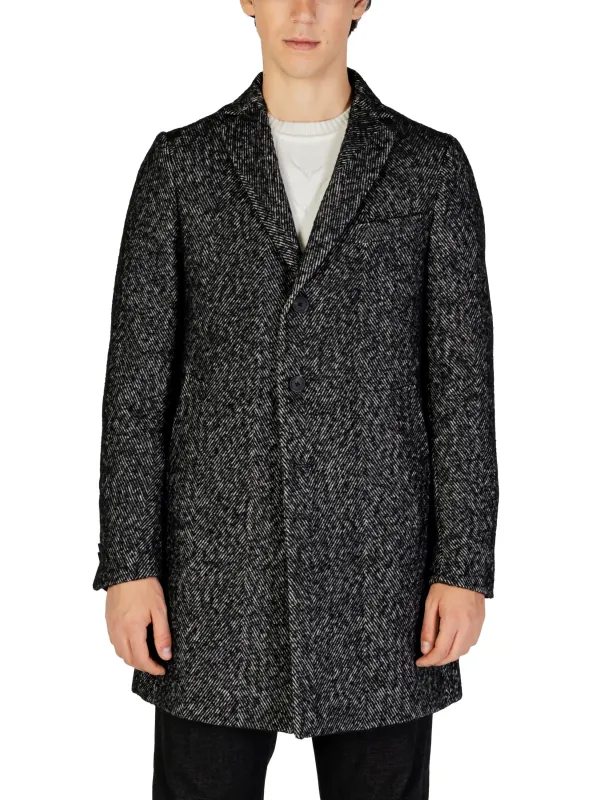 Dunkelgrauer Wollmantel mit Fischgrätmuster