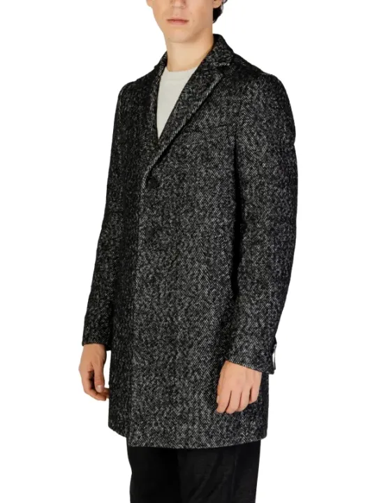 Dunkelgrauer Wollmantel mit Fischgrätmuster
