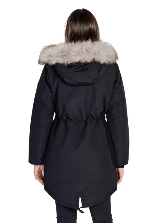 Warme schwarze Parka mit Kunstpelz.