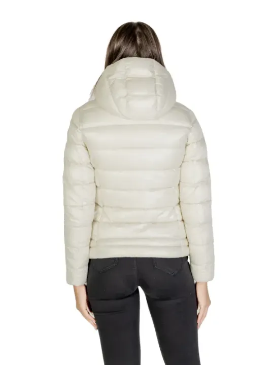 Weiße blaue Damen-Pufferjacke mit Kapuze