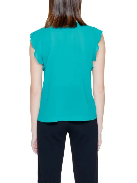 Türkisfarbene Kurzarmbluse mit Rüschen
