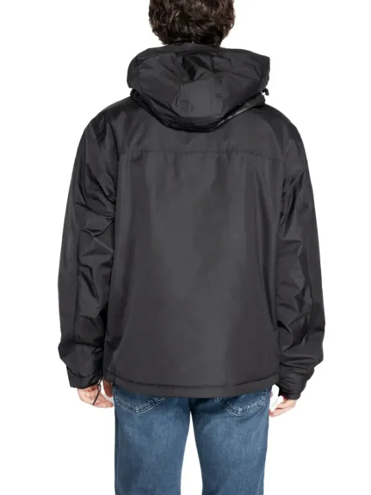 Graue Kapuzenjacke, Rückansicht, Nylonmaterial