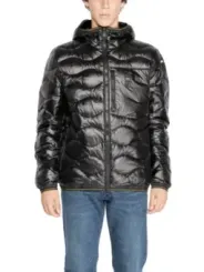 Schwarze blaue Pufferjacke mit Kapuze