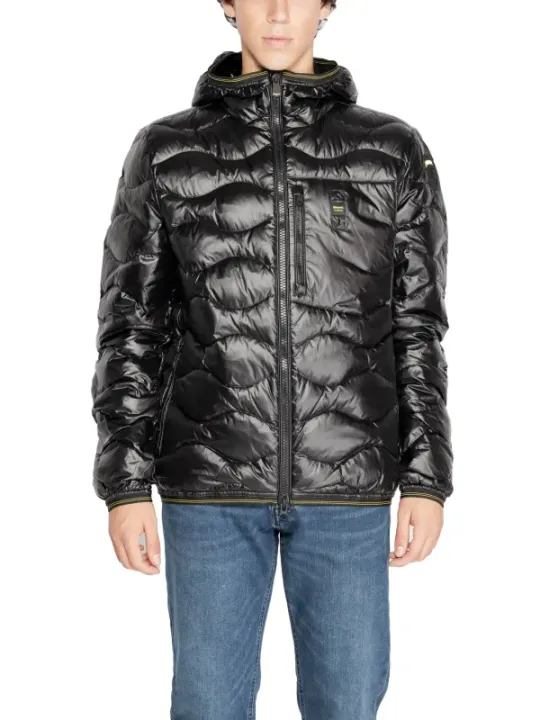 Schwarze blaue Pufferjacke mit Kapuze