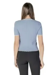 Blauer Rippstrick Pullover mit Rüschen