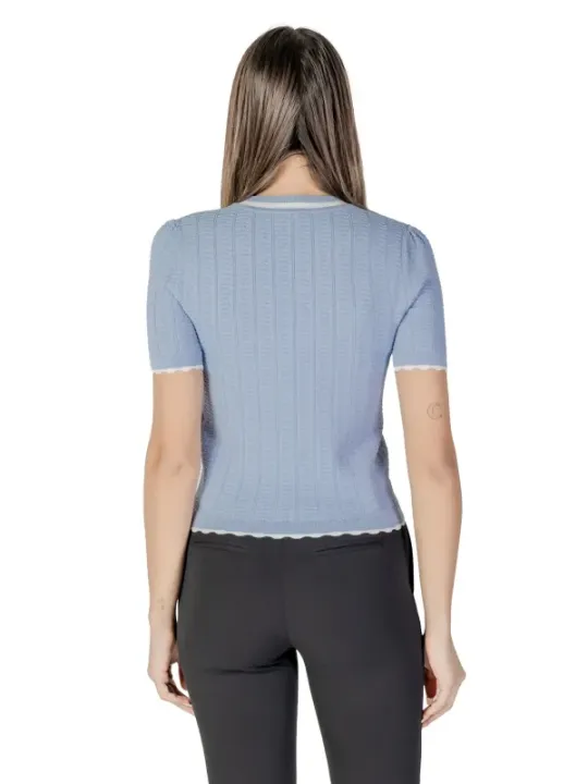 Blauer Rippstrick Pullover mit Rüschen