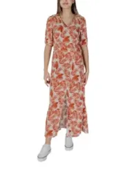 Rotes Blattmuster, cremefarbenes Maxikleid