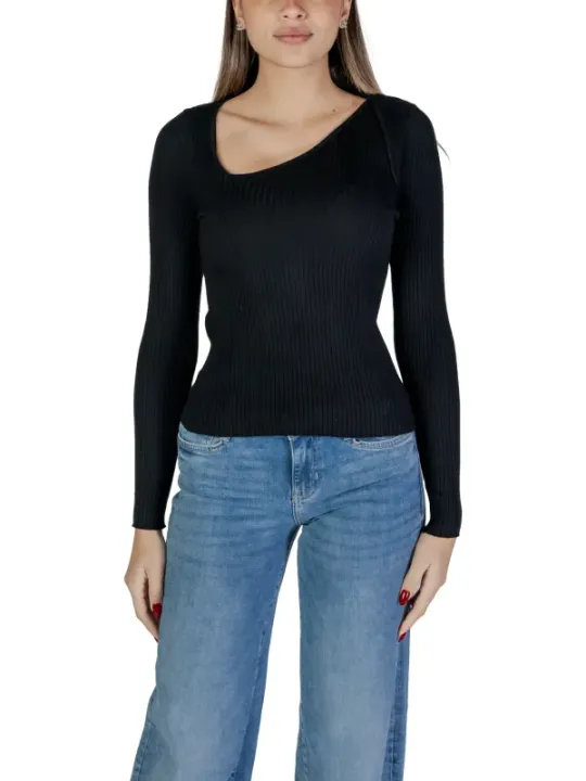 Schwarzer gerippter V-Ausschnitt Pullover