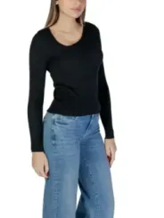 Geripptes blaues V-Ausschnitt-Langarmtop