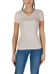 Rosa Guess Logo V-Ausschnitt T-Shirt