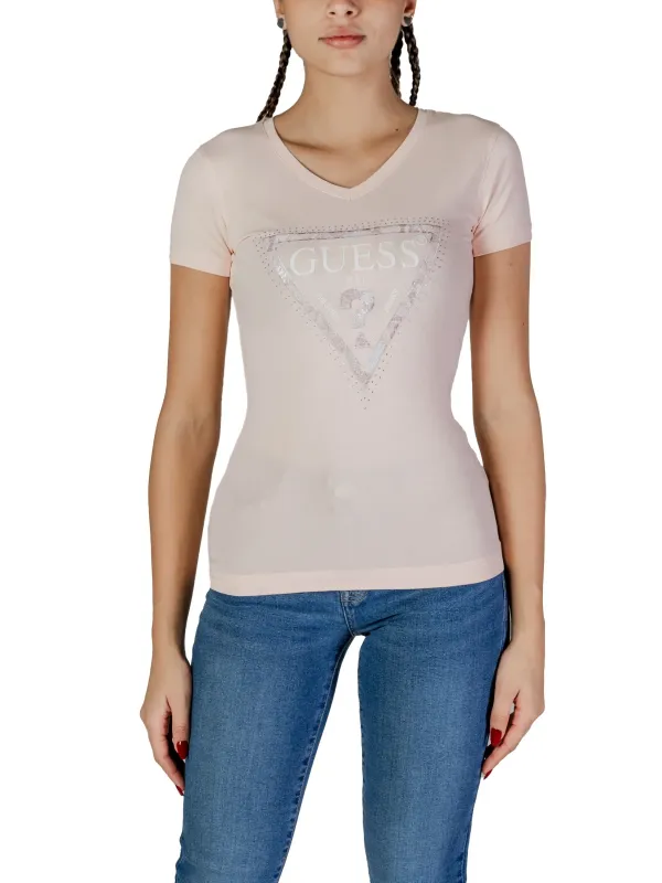 Rosa Guess Logo V-Ausschnitt T-Shirt