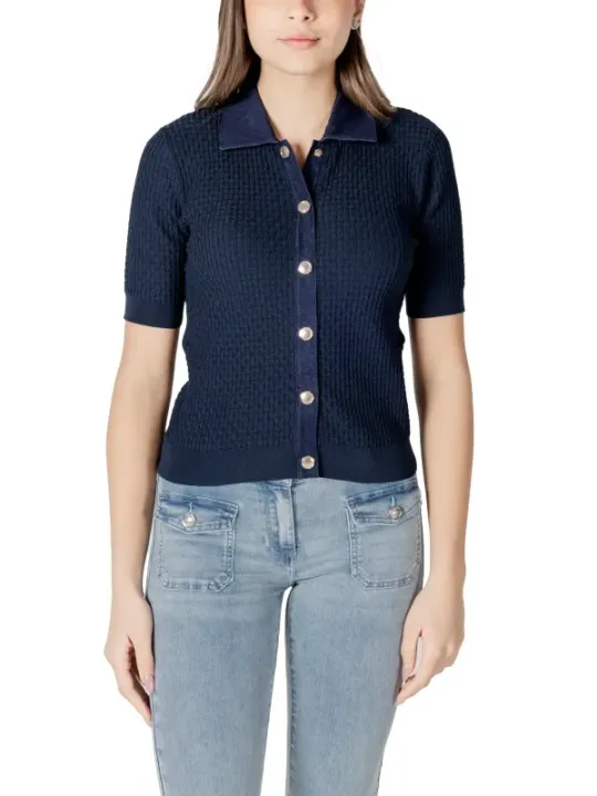Navy geripptes Button-Down-Hemd für Damen