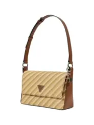 Beige gestreifte Guess Schultertasche mit Logo.