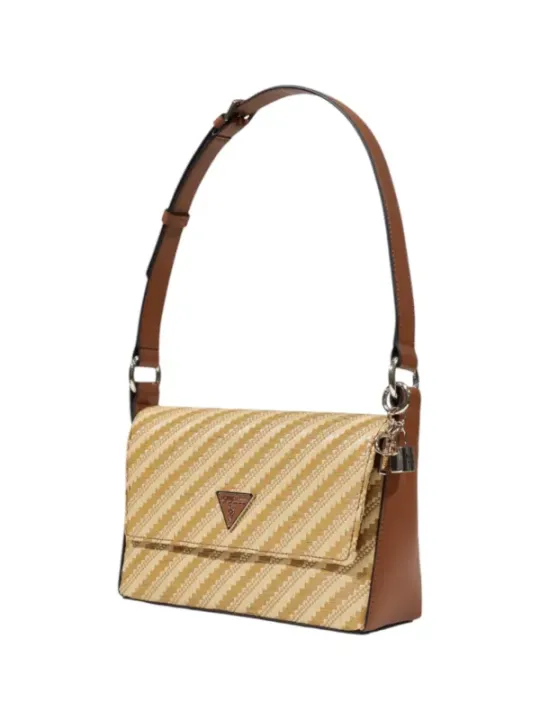 Beige gestreifte Guess Schultertasche mit Logo.
