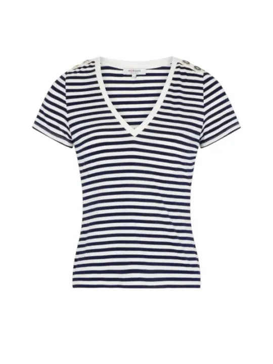 Gestreiftes blauweißes V-Ausschnitt T-Shirt
