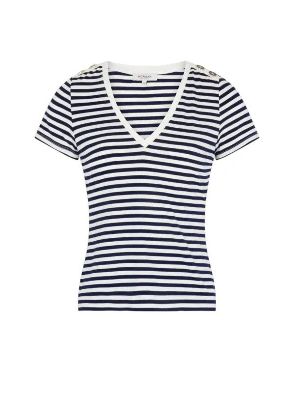 Gestreiftes blauweißes V-Ausschnitt T-Shirt