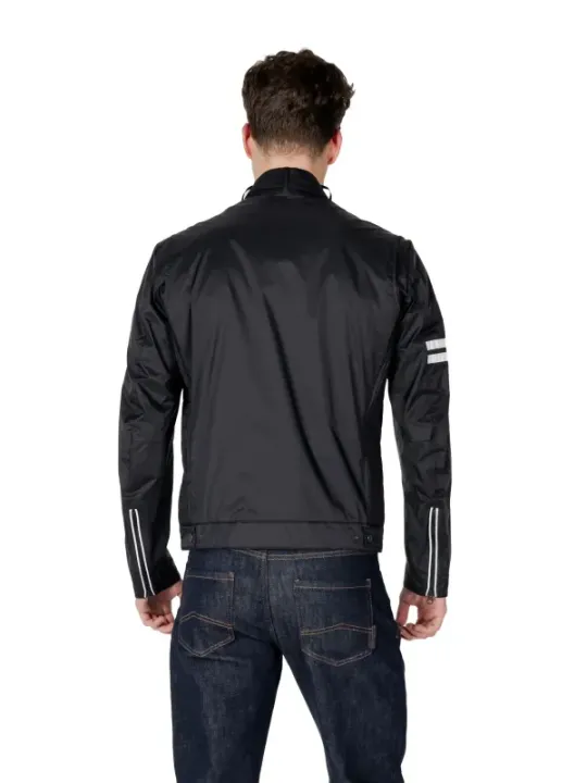 Schwarze blaue Nylonjacke mit Streifen