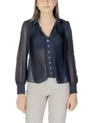 Marineblaue Bluse mit Falten und Knöpfen