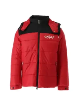 Rote Daunenjacke mit Kapuze