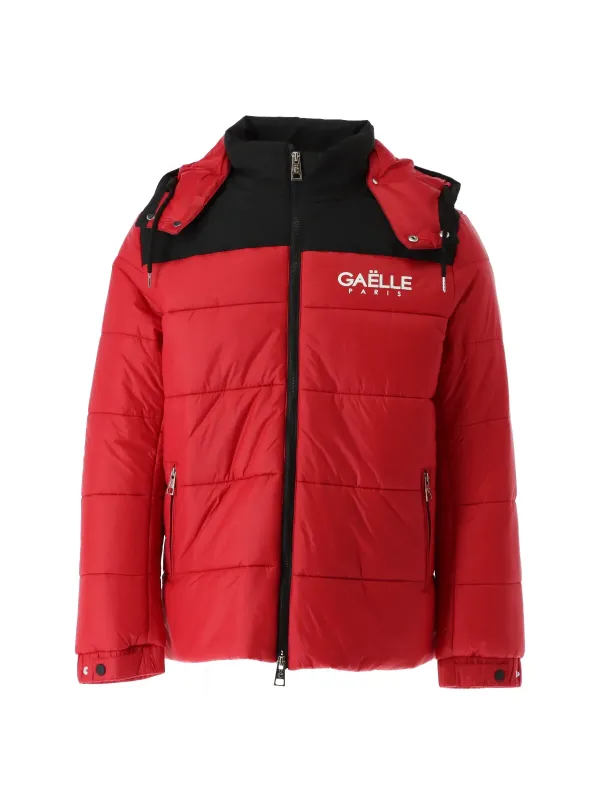 Rote Daunenjacke mit Kapuze