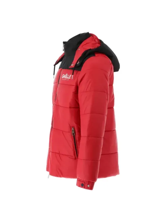 Rote Daunenjacke mit Kapuze