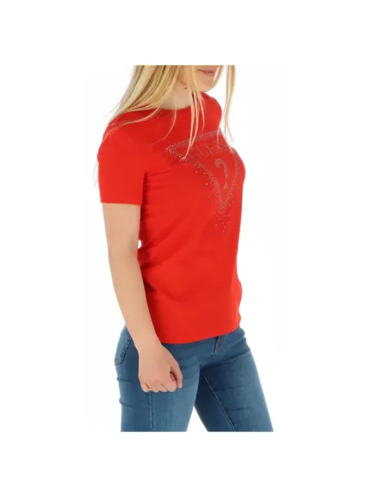 Rotes Guess T-Shirt mit Strasslogo
