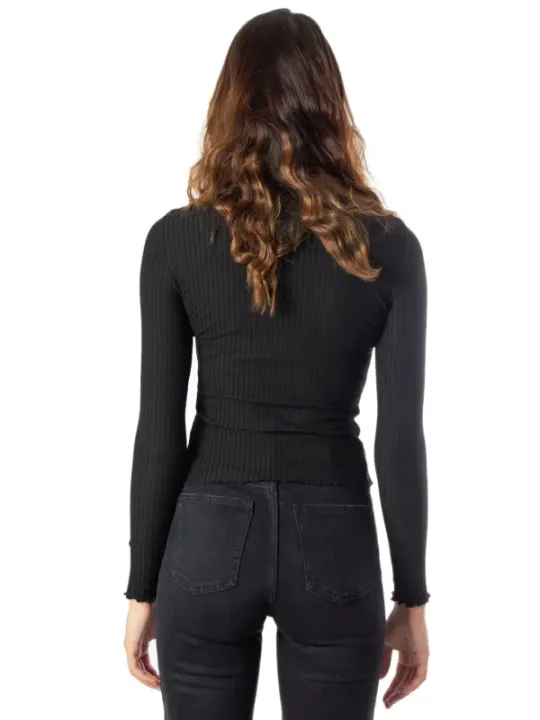 Schwarzes Rippstrick-Langarm-Pullover-T-Shirt