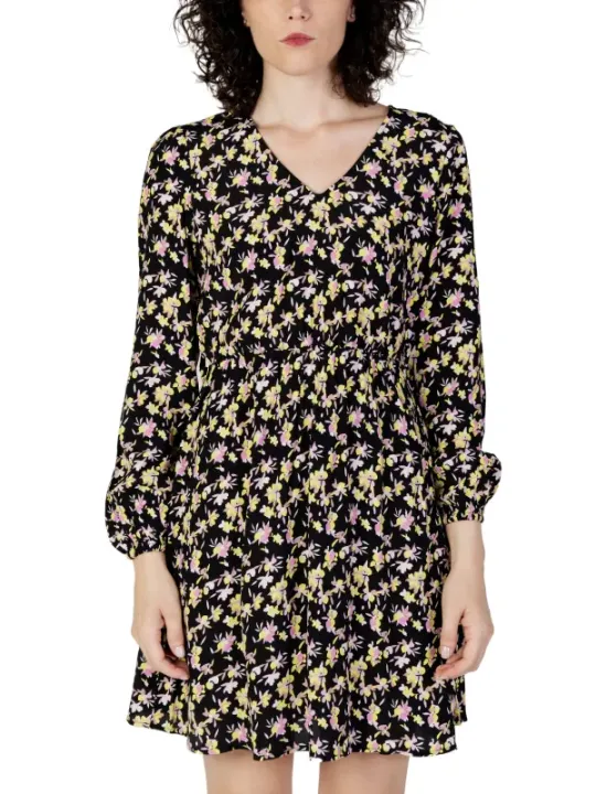 Schwarzes Blumenmuster Kleid mit Ärmeln