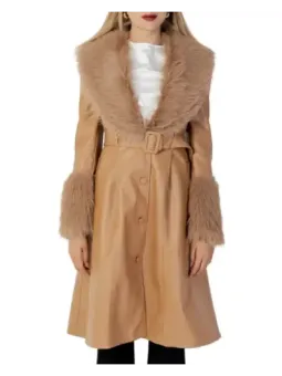 Tan Lederoptik Mantel mit Pelz