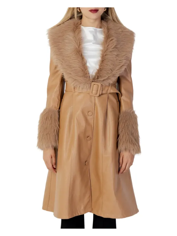 Tan Lederoptik Mantel mit Pelz