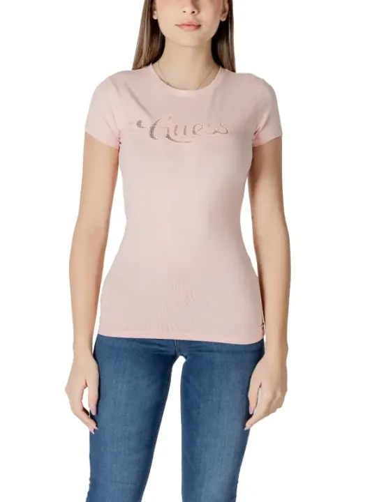 Rosa Guess Logo T-Shirt mit kurzen Ärmeln