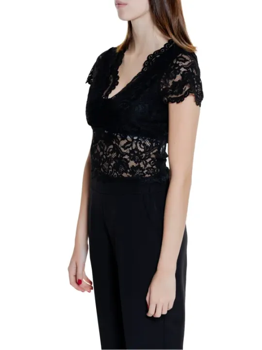 Schwarzes Spitzen-Crop-Top Damen