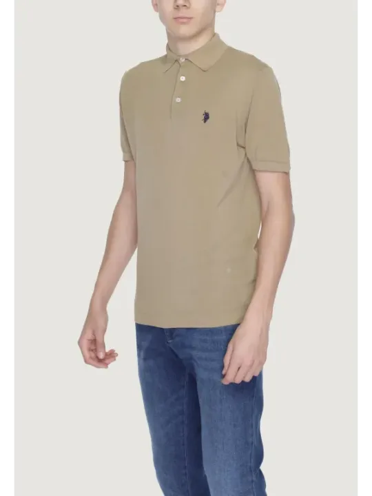 Beiges Polohemd mit blauem Logo