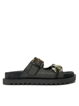 Schwarze Riemchensandalen mit goldener Schnalle